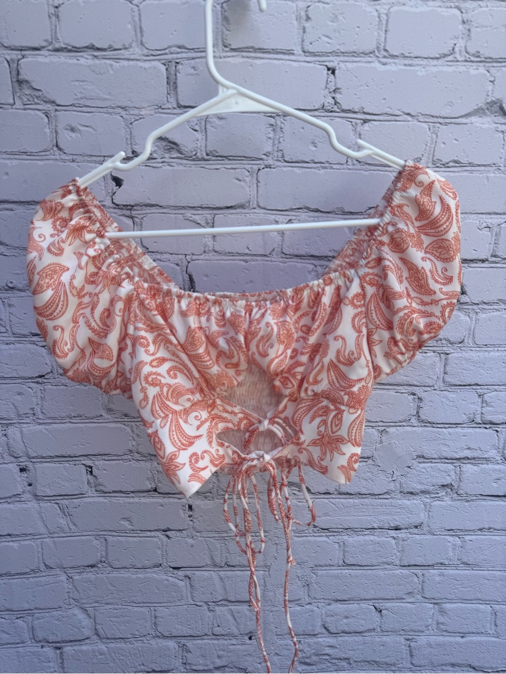 Cream Rust Paisley Puff Sleeve Tie Front Crop Top